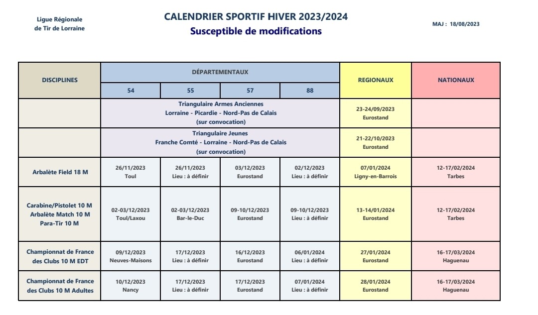 Calendrier sportif Hiver